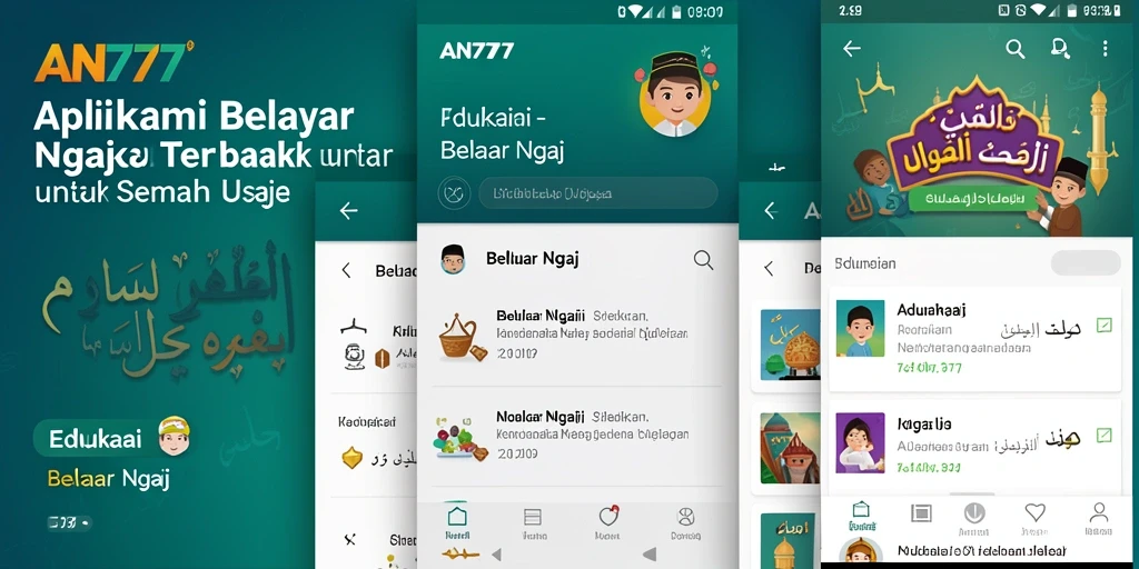 Tampilan antarmuka AN777 yang menarik dan mudah digunakan untuk belajar ngaji.